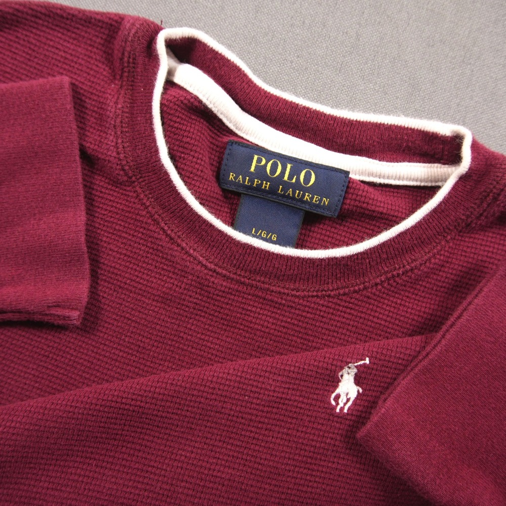 Y2K Polo Ralph Lauren Waffle Knit Thermal Crew Neck Men Shirt L Prep Red white